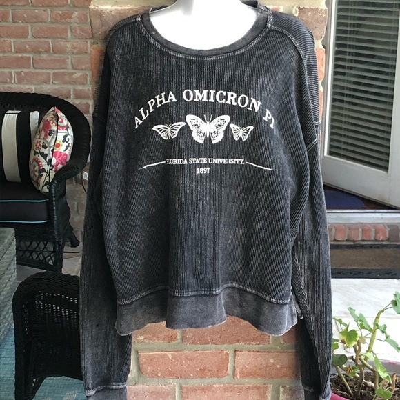 ALPHA OMICRON PI Gray Weathered Ribbed Sweatshirt Large FSU - Picture 2 of 9